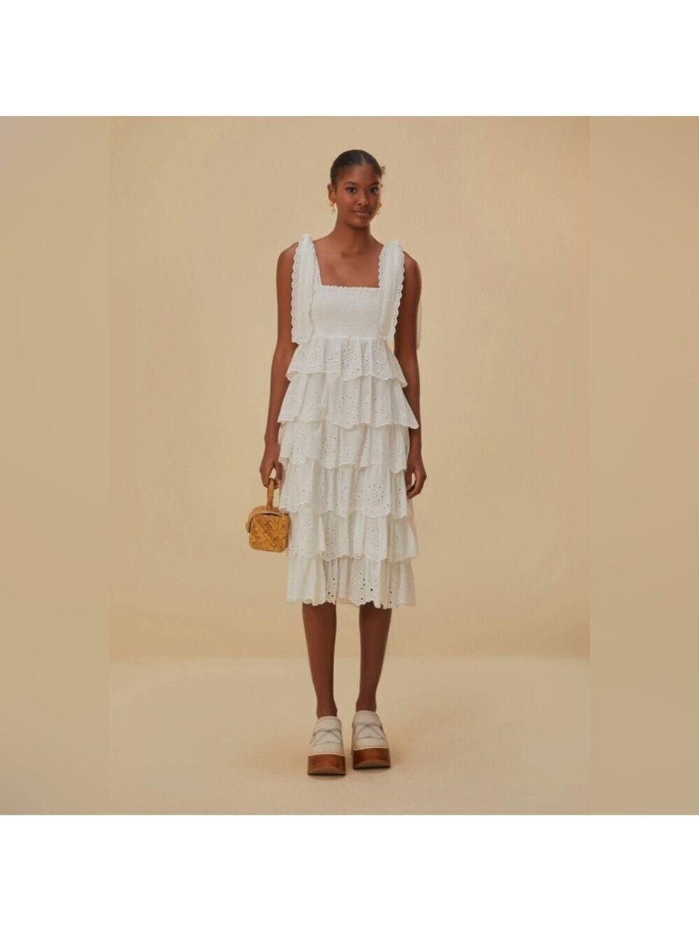 Farm Rio Off-White Embroidered Ruffle Midi Dress